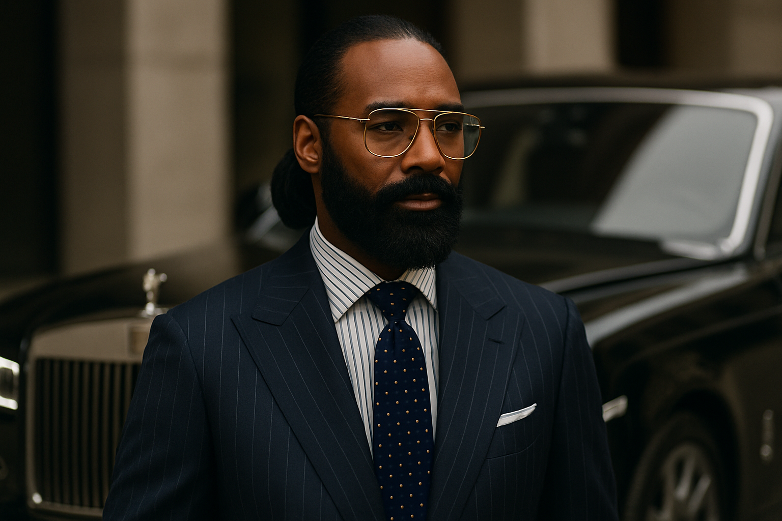 Quiet Luxury mid aged debonair black male wearing a navy pinstripe suit, striped wide collar dress shirt with a double windsor knot polkadot tie, with a full thick neatly trimmed all black beard, with a low tapered Italian style long black hair pulled back in a ponytail, wearing lightly tinted big lens aviator glasses standing in front of a black rolls royce phantom